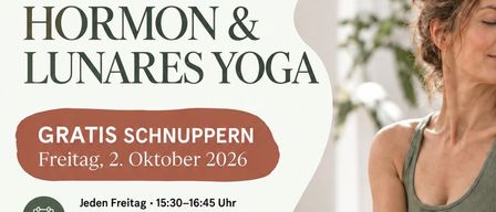 Yoga-Flyer für Lunares Yoga. Es zeigt eine Frau in einer Yoga-Pose, mit Details zu einem kostenlosen Yoga-Kurs am 2. Oktober 2026. Der Flyer enthält Informationen zur Kurszeit, zum Ort und zur Kursleiterin.