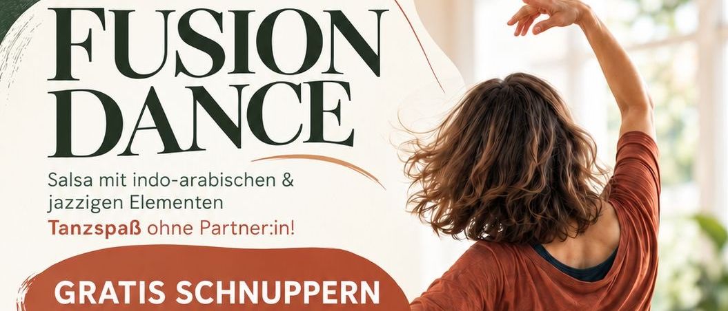 Plakat für einen kostenlosen Salsa-Tanzworkshop mit indo-arabischen und Jazz-Elementen, der am Freitag, 2. Oktober 2026, von 17:00 bis 18:15 Uhr stattfindet. Keine Vorkenntnisse erforderlich.