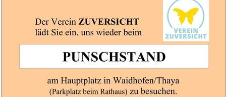 Plakat mit 'Punschstand' am Hauptplatz in Waidhofen/Thaya. Es zeigt ein Bild von Kerzen und einen Zeitplan vom 28.11.25 bis 20.12.25. Es dankt Fa. Reissmüller für die Bereitstellung des Punschstandes.