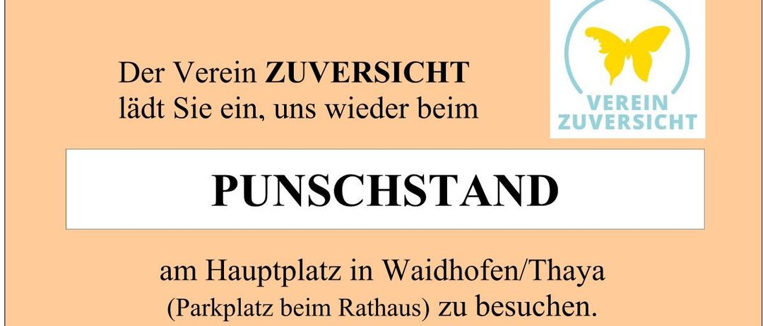 Plakat mit 'Punschstand' am Hauptplatz in Waidhofen/Thaya. Es zeigt ein Bild von Kerzen und einen Zeitplan vom 28.11.25 bis 20.12.25. Es dankt Fa. Reissmüller für die Bereitstellung des Punschstandes.