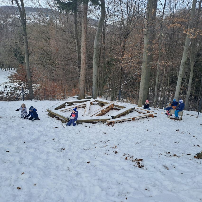 Eine Gruppe von Kindern in Winterkleidung spielt im Schnee in der Nähe einer Holzstruktur. Sie befinden sich in einem Wald mit einem Berg im Hintergrund.
