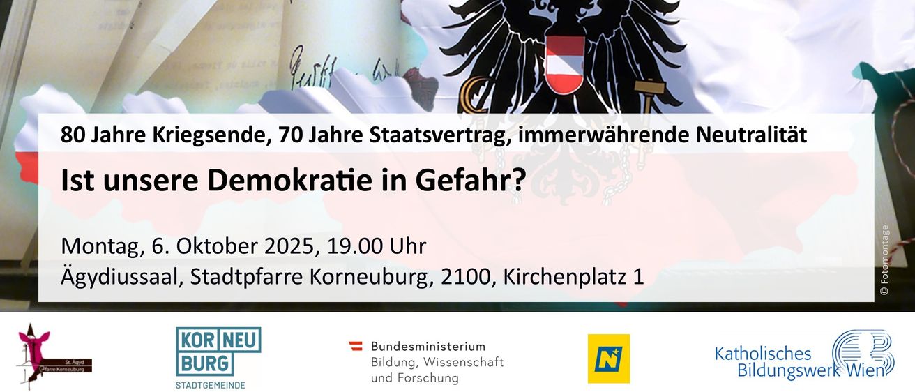 Veranstaltungsflyer mit historischen Dokumenten, einer Flagge und einer Karte. Der Text diskutiert einen Staatsvertrag, Demokratie und eine Veranstaltung am 6. Oktober 2025 um 19:00 Uhr.