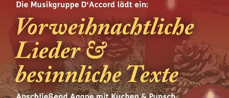 Ein Plakat für vorweihnachtliche Lieder und bedeutungsvolle Texte. Es enthält Musiknoten, zwei brennende Kerzen und Veranstaltungsdetails. Datum: Freitag, 19.12.2025, Zeit: 19:00. Ort: Korneuburg, 2100, Kirchenplatz 1, Agape im Pfarrheim.