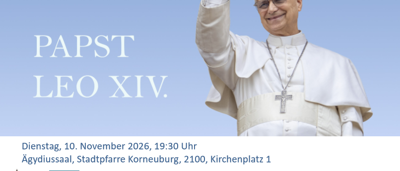 Plakat mit Papst Leo XIV., der fröhlich winkt, vor blauem Himmel. Das Plakat enthält Datum und Ort einer Veranstaltung.