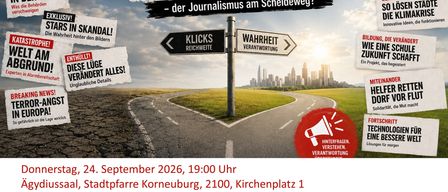 Ein Plakat mit einem Straßenschild, das auf 'Schlechte Nachrichten' und 'Gute Nachrichten' zeigt. Der Titel des Plakats lautet 'Nur schlechte Nachrichten sind gute Nachrichten'. Es zeigt eine Straße mit einem gespaltenen Weg, einer Seite führt zu 'Klicks Reichweite' und die andere zu 'Wahrheit Verantwortung'. Das Plakat enthält auch ein Megafon-Symbol und eine Stadtsilhouette im Hintergrund.
