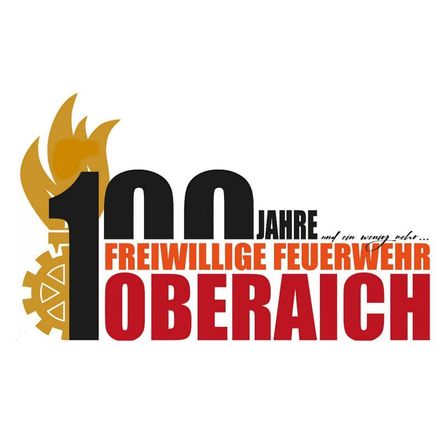 Das Bild zeigt ein Logo der Freiwilligen Feuerwehr Oberaich, das 100 Jahre ehrenamtlicher Feuerwehrarbeit feiert. Das Logo enthält eine Feuerflamme links und ein Zahnrad rechts, mit dem Text '100 Jahre Freiwillige Feuerwehr Oberaich'.