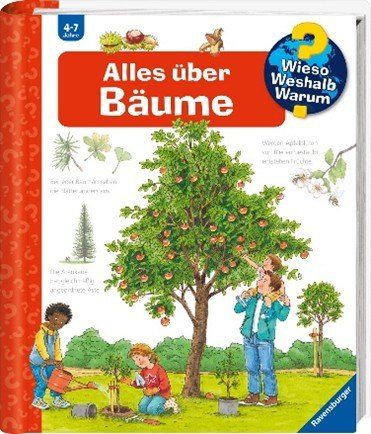 Ein Buchcover mit dem Titel 'Alles uber Baume', das Kinder beim Pflanzen und Beobachten eines Baumes zeigt, mit einem Fragezeichen-Symbol in der oberen rechten Ecke.