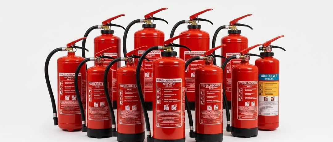 Eine Reihe roter Feuerlöscher mit schwarzen Düsen und silbernen Griffen steht in einer Reihe vor weißem Hintergrund.