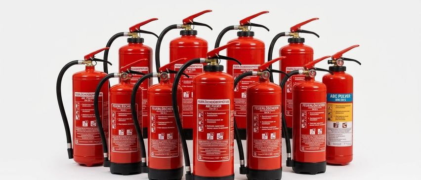 Eine Reihe roter Feuerlöscher mit schwarzen Düsen und silbernen Griffen steht in einer Reihe vor weißem Hintergrund.