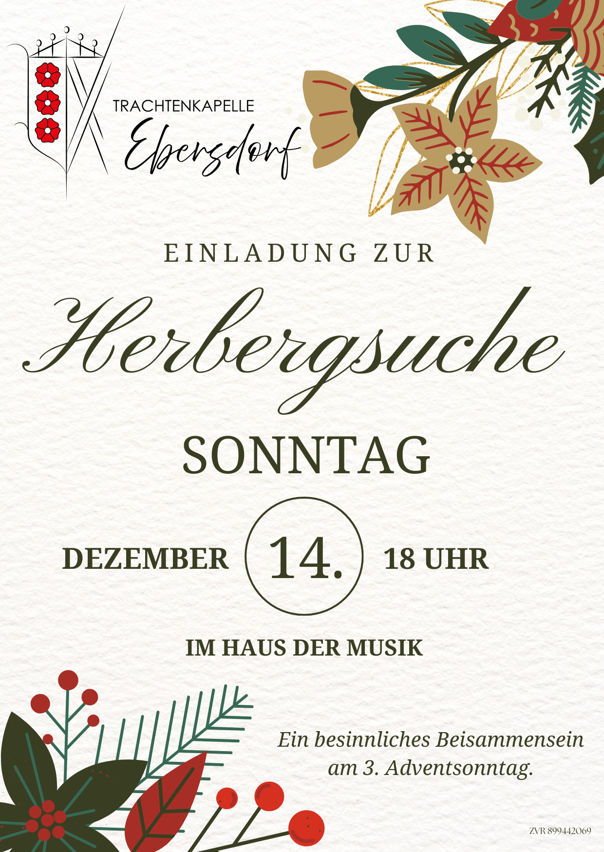 Eine Einladungskarte für eine Herbergssuche-Veranstaltung am Sonntag, 14. Dezember, um 18 Uhr im Haus der Musik, mit festlichen Dekorationen.