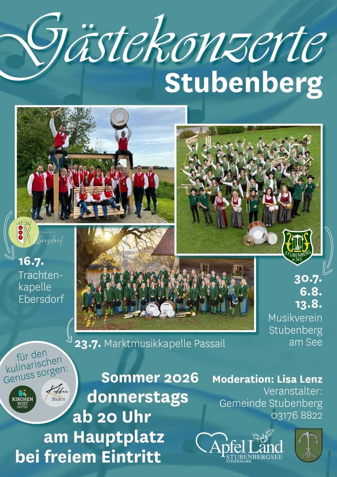 Poster for a summer music event featuring a brass band in traditional attire, with dates and locations listed. The poster includes three images of the band in different settings.