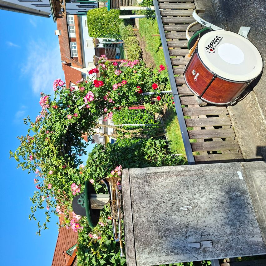 A drum with the word Lefiva on it is placed on a wooden fence. Beside the drum is a trumpet. There is a green hat on top of the trumpet. There are flowers and plants on the ground. There is a house in the distance.