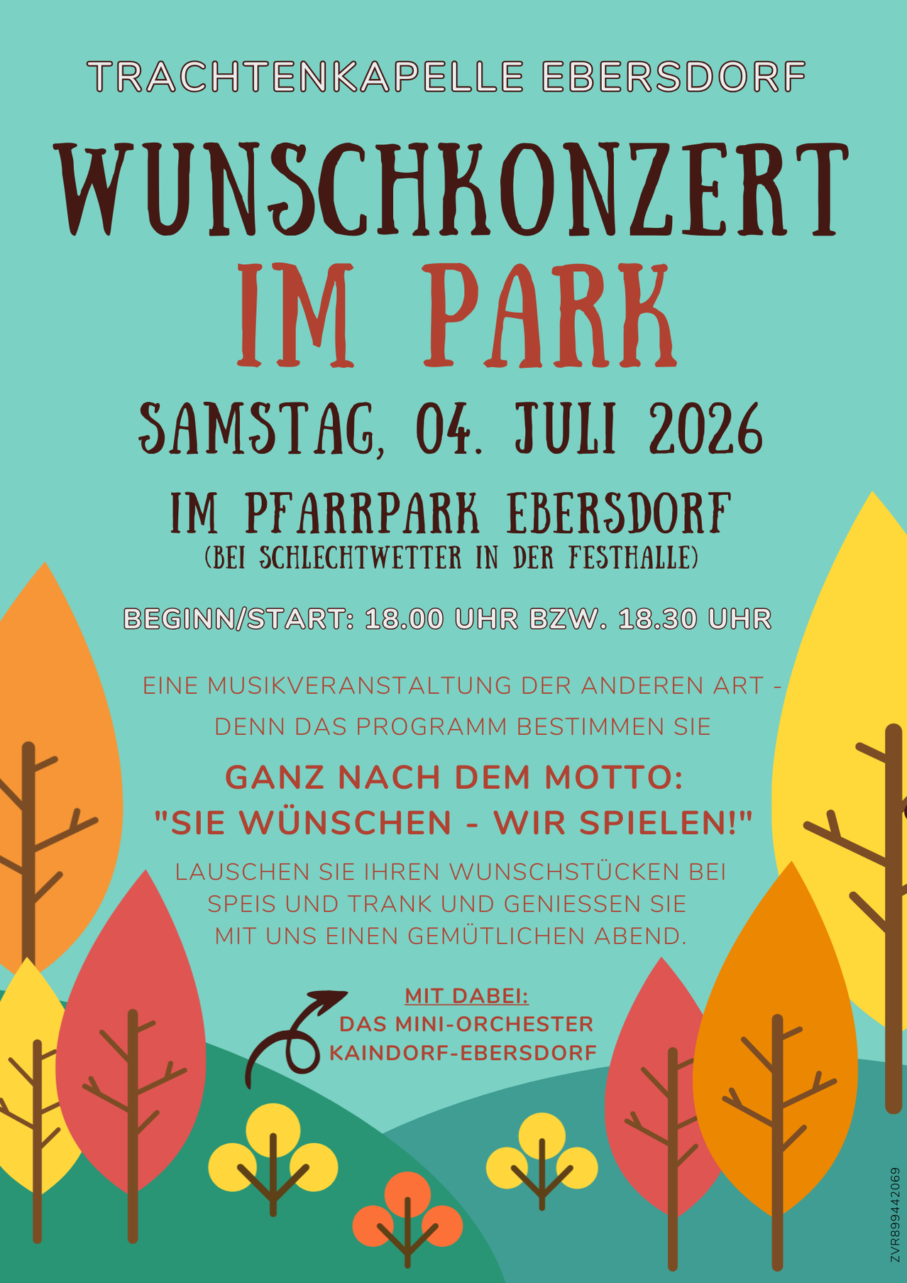 An advertisement for a music event in the park on July 4, 2026. The program is decided by the audience, and the motto is 'You wish - we play!' Enjoy a relaxing evening with food, drinks, and music.