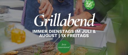 Eine Werbung für Grillabend zeigt Menschen beim Grillen von Fleisch und Würsten. Es hebt die Verfügbarkeit jeden Dienstag im Juli und August und einen Freitag hervor. Es lädt die Zuschauer ein, jetzt zu reservieren.