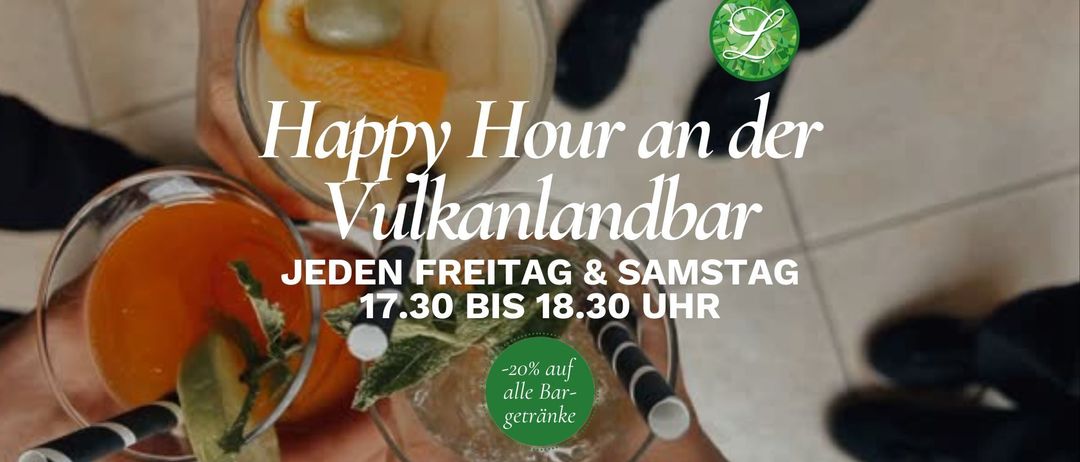 Cocktails und Getränke in der Vulkanlandbar. Happy Hour jeden Freitag und Samstag von 17:30 bis 18:30 Uhr mit 20% Rabatt auf alle Bargetränke.
