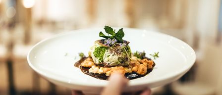 Ein Teller mit einem Gericht, bestehend aus einer grünen Gemüse-Ummantelung, garniert mit Blumen und einer braunen Sauce, gehalten von einer Hand.