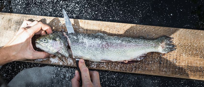 Eine Person schneidet einen ganzen Fisch auf einem Holzschneidebrett, wobei Salz umher gestreut ist.
