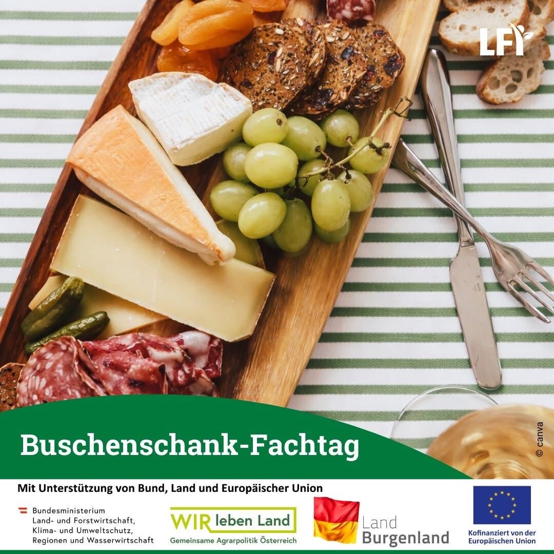 An advertisement for the Bushenshank-Fachtag event features a wooden tray with a variety of foods including cheese, grapes, pickles, meats, and bread. A knife and fork are placed beside the tray. The image also includes logos and text indicating sponsorship by various government entities.