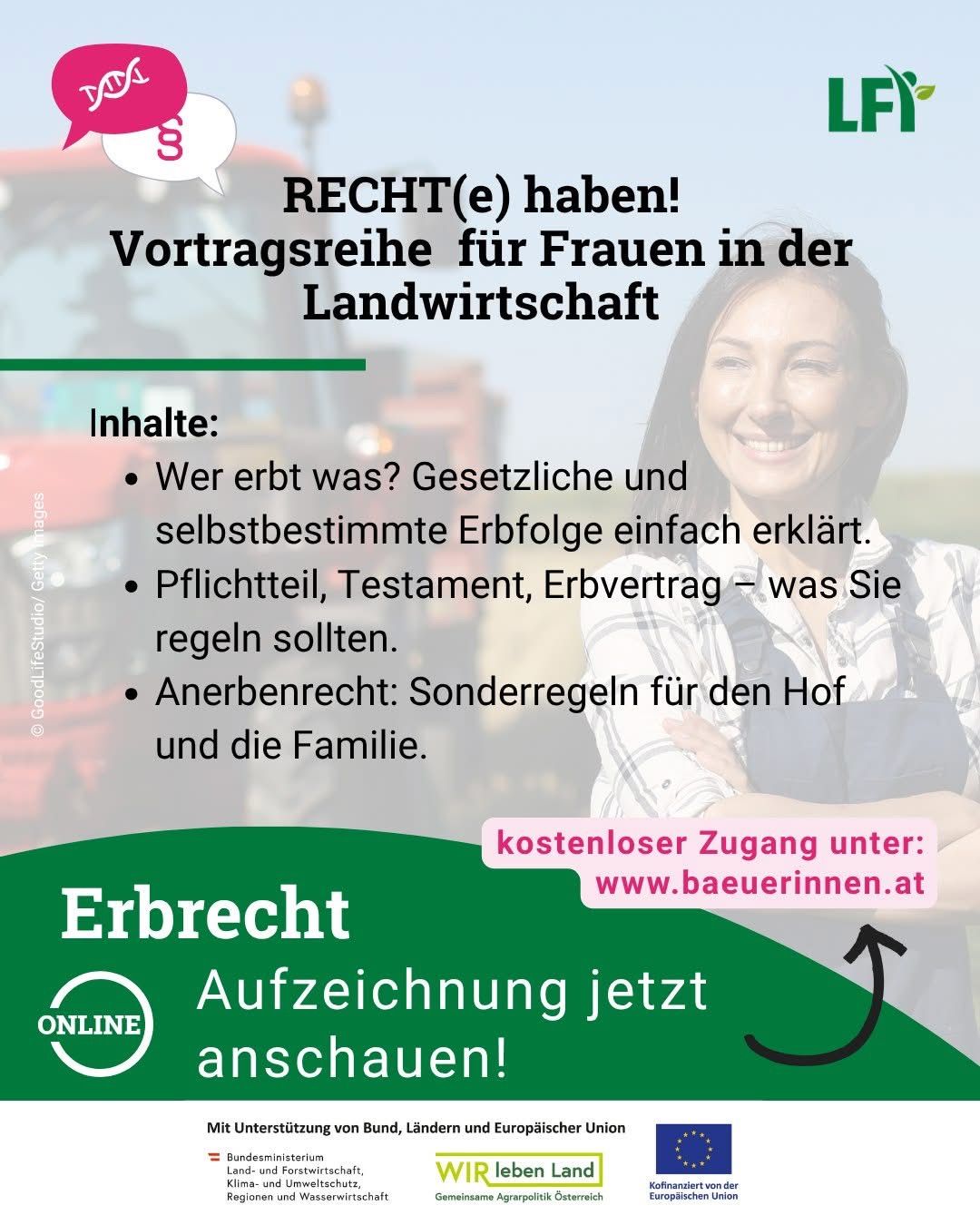An advertisement for a series of lectures for women in agriculture, discussing legal inheritance and agricultural contracts. It features a smiling woman in a farm setting.
