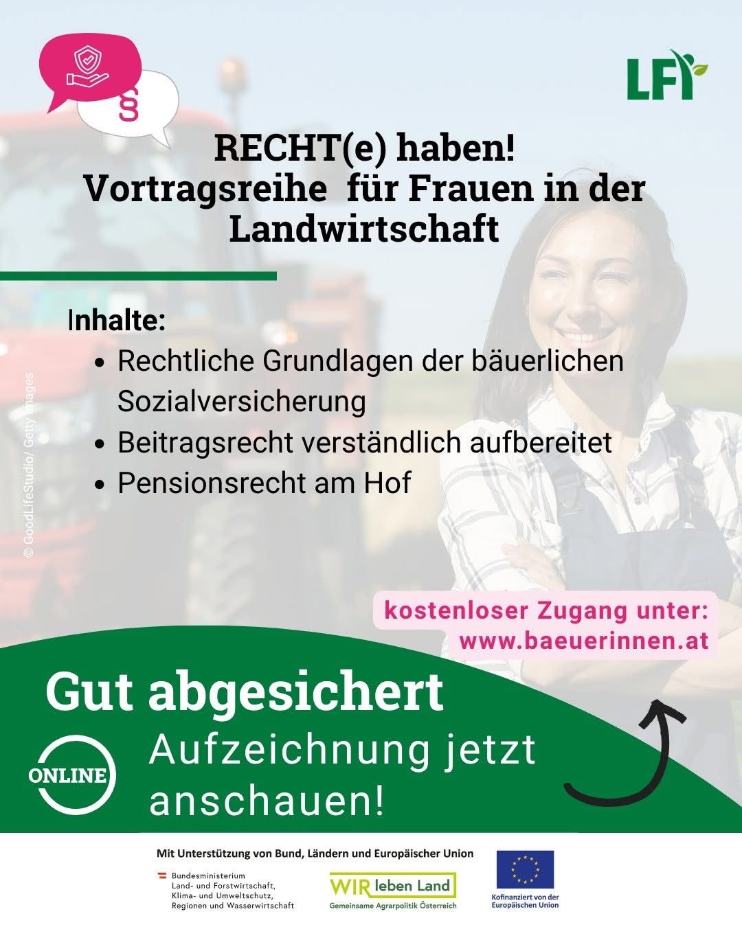 A poster for a women's lecture series in agriculture. It features a smiling woman and a green arrow pointing to the right. The poster lists the topics, including legal rights. There is a free access link.