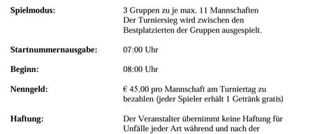 Das 4. Ruppersdorfer Straßenturnier (Hobbyturnier) findet am Samstag, 8. August 2026, in Ruppersdorf statt. Bis zu 3 Gruppen mit je 11 Spielern können teilnehmen. Der Start ist um 07:00 Uhr, und die Anmeldegebühr beträgt €45 pro Mannschaft. Kostenlose Getränke sind inklusive. Kontaktiere Franz-Josef unter 0664/25 03 228 oder Thomas unter 0660/35 98 455.