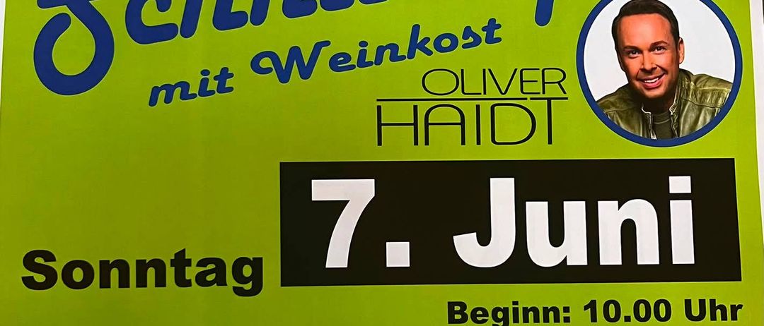 Ein Plakat für das Ruppersdorfer Schnitzelfest mit Oliver Haidt am 7. Juni, Beginn um 10:00 Uhr in Spitzhart bei Aschbach, Halle Lang.