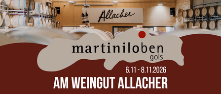 Plakat für Martini Loben Veranstaltung im Weingut Allacher vom 6.11. bis 8.11.2026. Zeigt einen Raum mit Holzfässern.