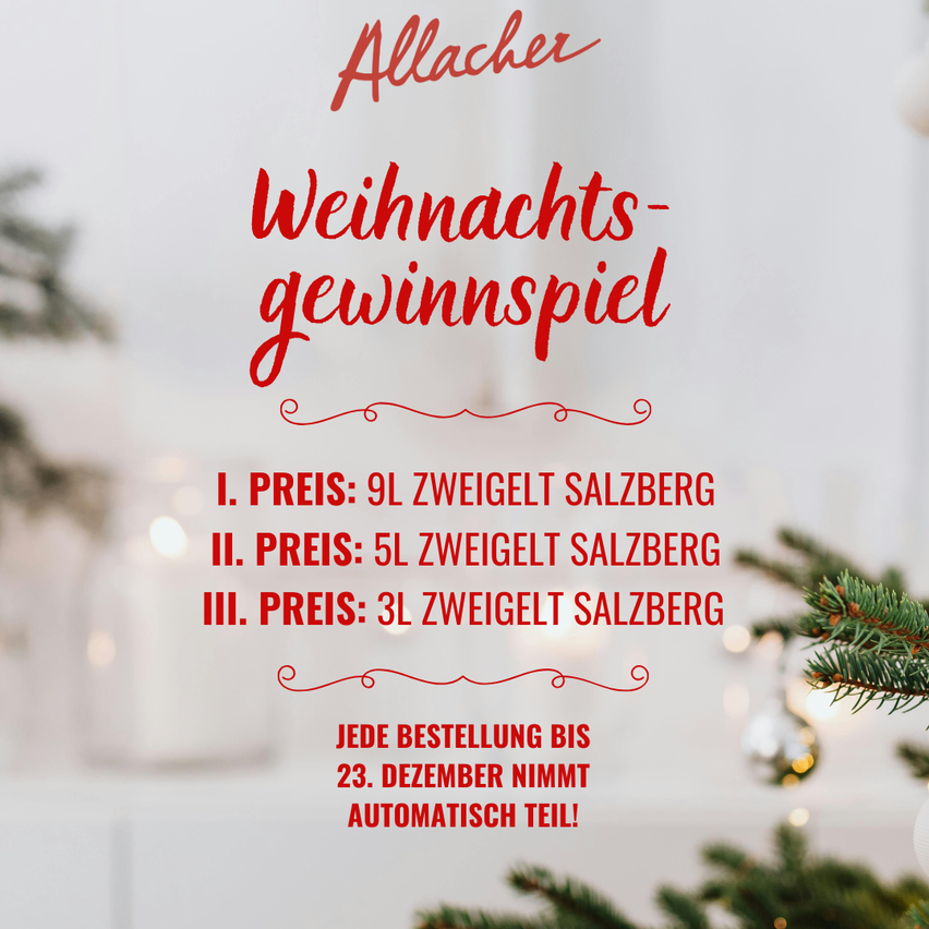 Ein Poster bewirbt ein Weihnachtsgewinnspiel. Drei Preise werden angeboten: 9L Zweigelt Salzburg, 5L Zweigelt Salzburg und 3L Zweigelt Salzburg. Bestellungen vor dem 23. Dezember nehmen automatisch teil.