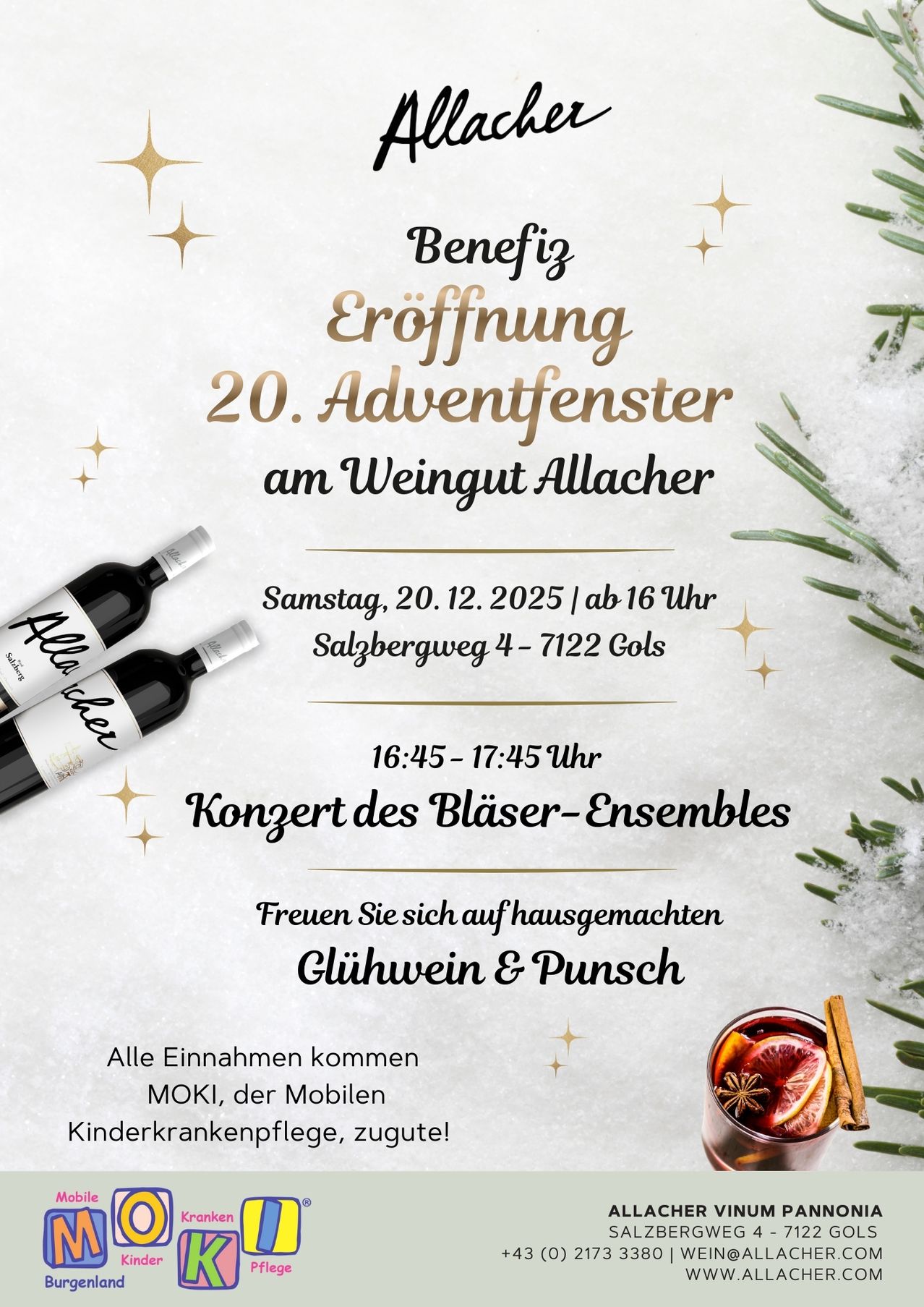 Eine Werbung für die Eröffnung des 20. Adventsfensters im Weingut Allacher. Es enthält Details zur Veranstaltung, einschließlich Datum und Uhrzeit, Ort und Musik des Bläserensembles. Es wird auch auf Glühwein und Punsch hingewiesen.