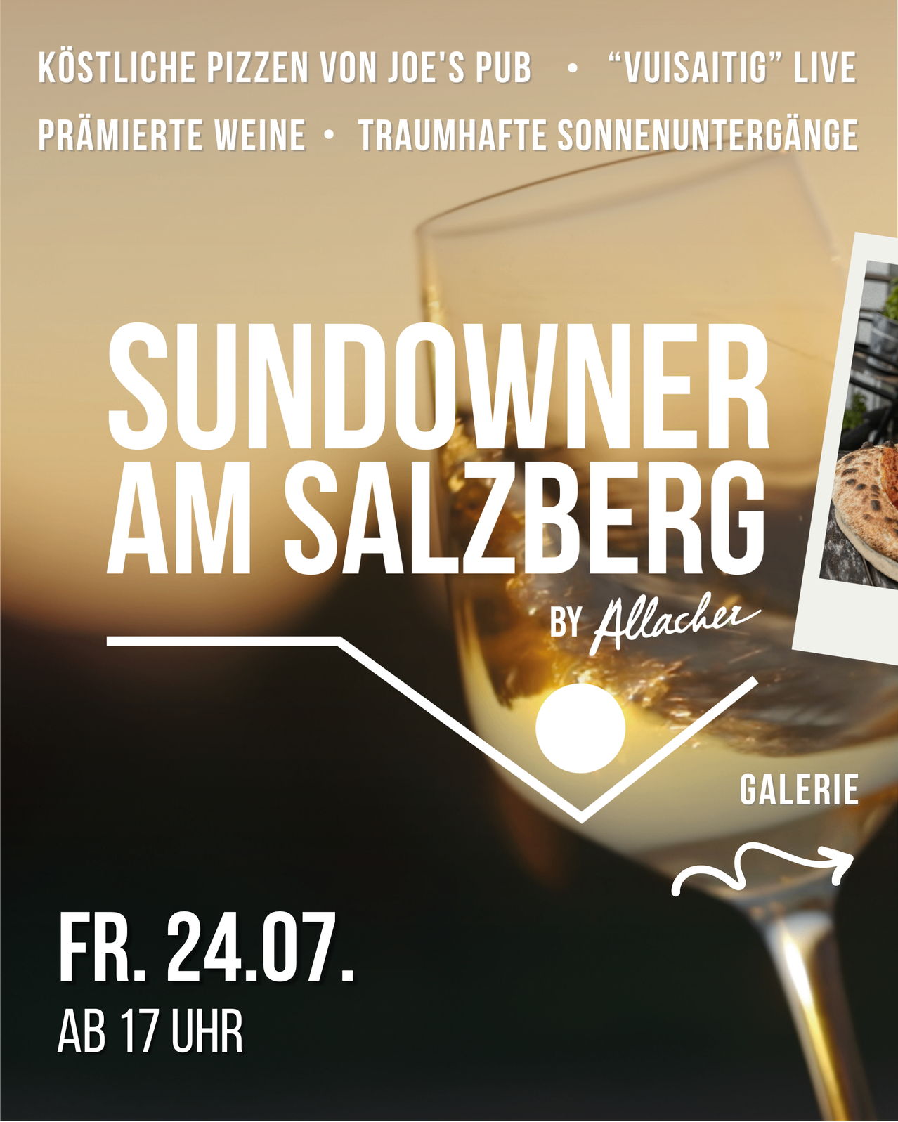 Eine Werbung für eine Weinveranstaltung namens Sundowners am Salzburg von Allacher, mit einem Weinglas und einem Bild von Essen.