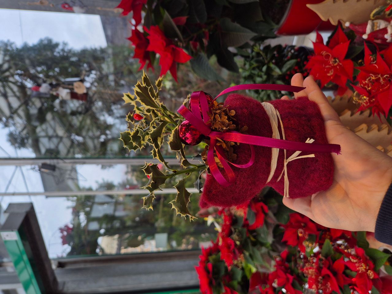 Eine Person hält ein kleines, rotes Filzornament, das mit Stechpalmenblättern und einem roten Band verziert ist. Dahinter sind verschiedene rote Weihnachtssterne zu sehen.