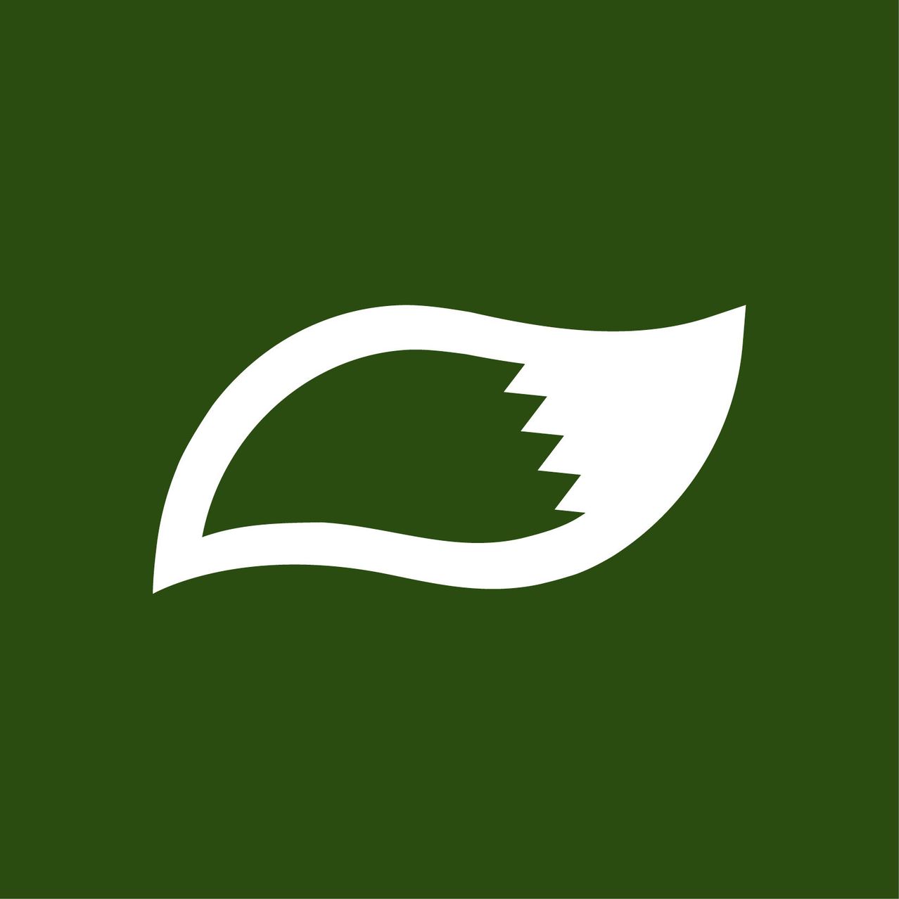 Ein stilisiertes Blatt-Symbol mit einem gezackten Rand, der einem Riss ähnelt, auf einem dunkelgrünen Hintergrund.