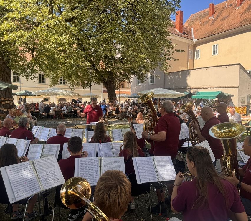 Ein Blasorchester spielt im Freien vor einer Menschenmenge. Die Musiker sitzen und stehen und spielen verschiedene Blechblasinstrumente. Das Publikum sitzt auf Bänken und Stühlen.