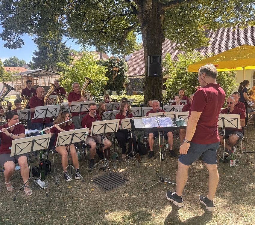 Eine Band übt im Freien an einem sonnigen Tag, mit Musikern, die auf Stühlen unter einem Baum sitzen, und einem Dirigenten, der vor ihnen steht.