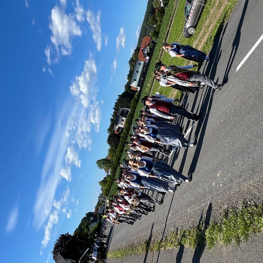 A group of people dressed in traditional costumes stand on the roadside, with a car parked on the grass and buildings in the distance.