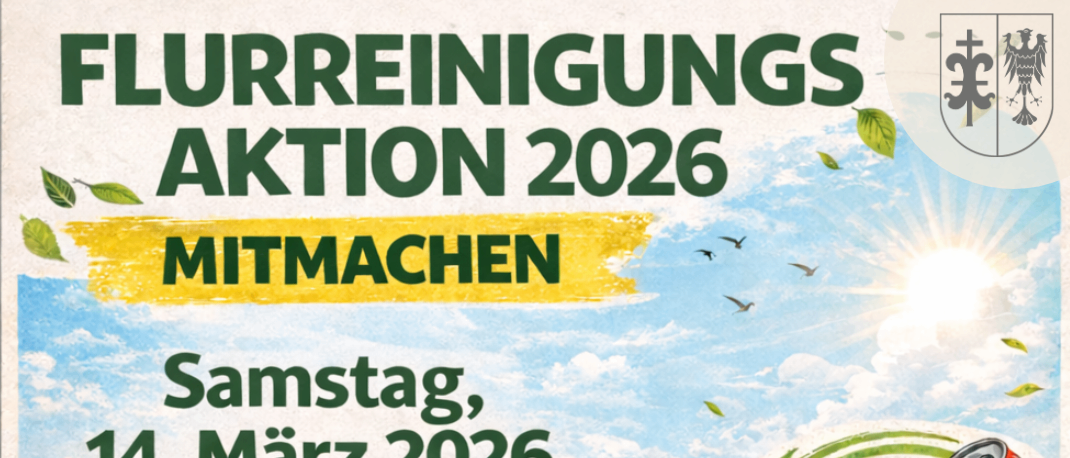 Plakat für eine Gemeinschaftsaktion zur Müllsammlung im Jahr 2026. Die Veranstaltung findet am 14. März von 8:30 bis 12:00 Uhr statt. Treffpunkt ist das Gemeindebüro. Bringen Sie Arbeitskleidung und warme Kleidung mit.