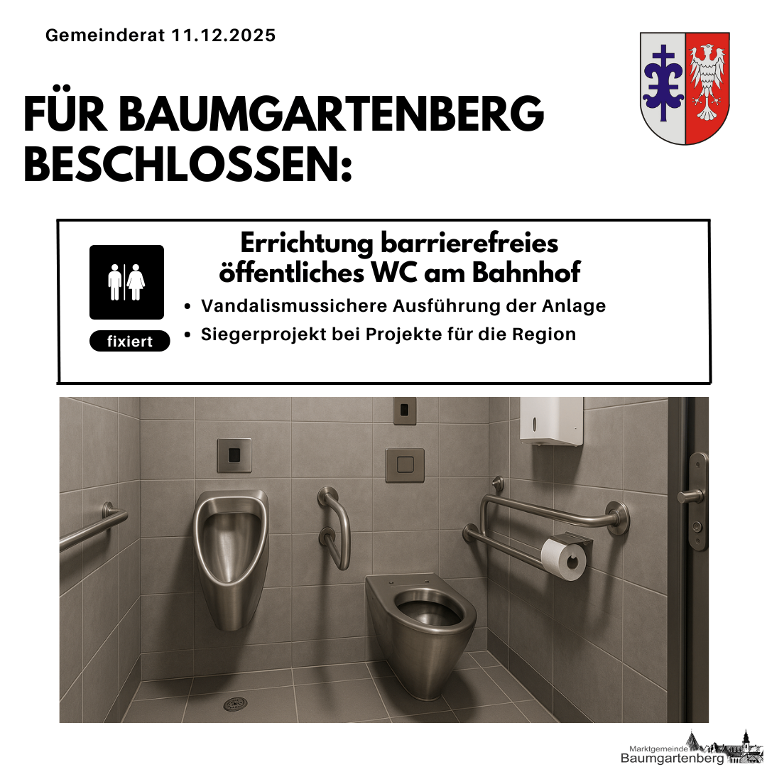 Plakat zeigt ein barrierefreies öffentliches WC am Bahnhof Baumgartenberg. Merkmale sind Urinale, eine Toilette, Haltegriffe und eine Rolle Toilettenpapier. Datum: 11.12.2025.