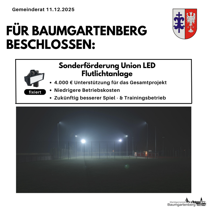 Das Bild zeigt eine Resolution des Gemeinderats von Baumgartenberg vom 11.12.2025, die eine Sonderförderung für Union LED Flutlichter genehmigt. Es beinhaltet ein Budget von 4.000 Euro, niedrigere Betriebskosten und verbesserte Spiel- und Trainingsbedingungen. Ein Bild eines bei Nacht beleuchteten Sportfeldes ist zu sehen.