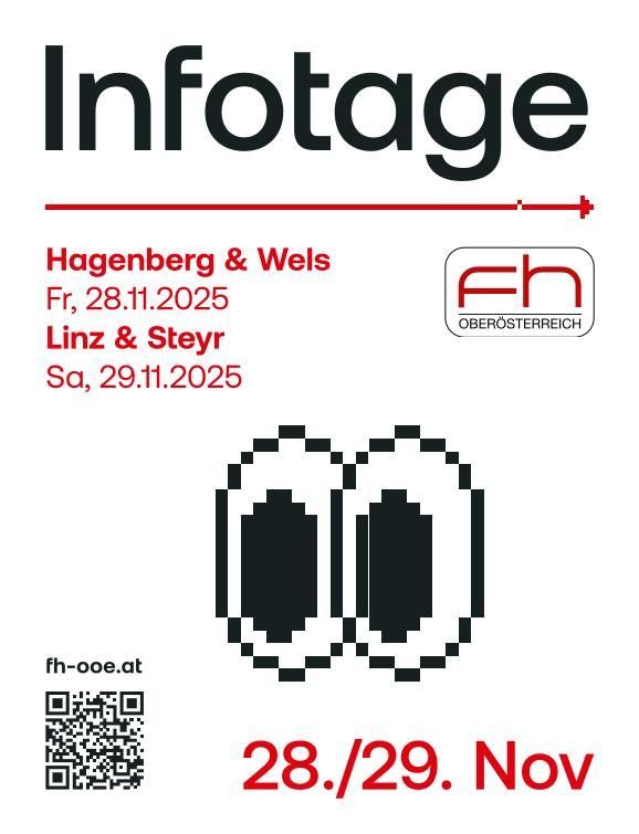Plakat für Infotage-Veranstaltung in Hagenberg und Wels, geplant für 28. und 29. November 2025, mit einem pixeligen Bild und einem QR-Code.