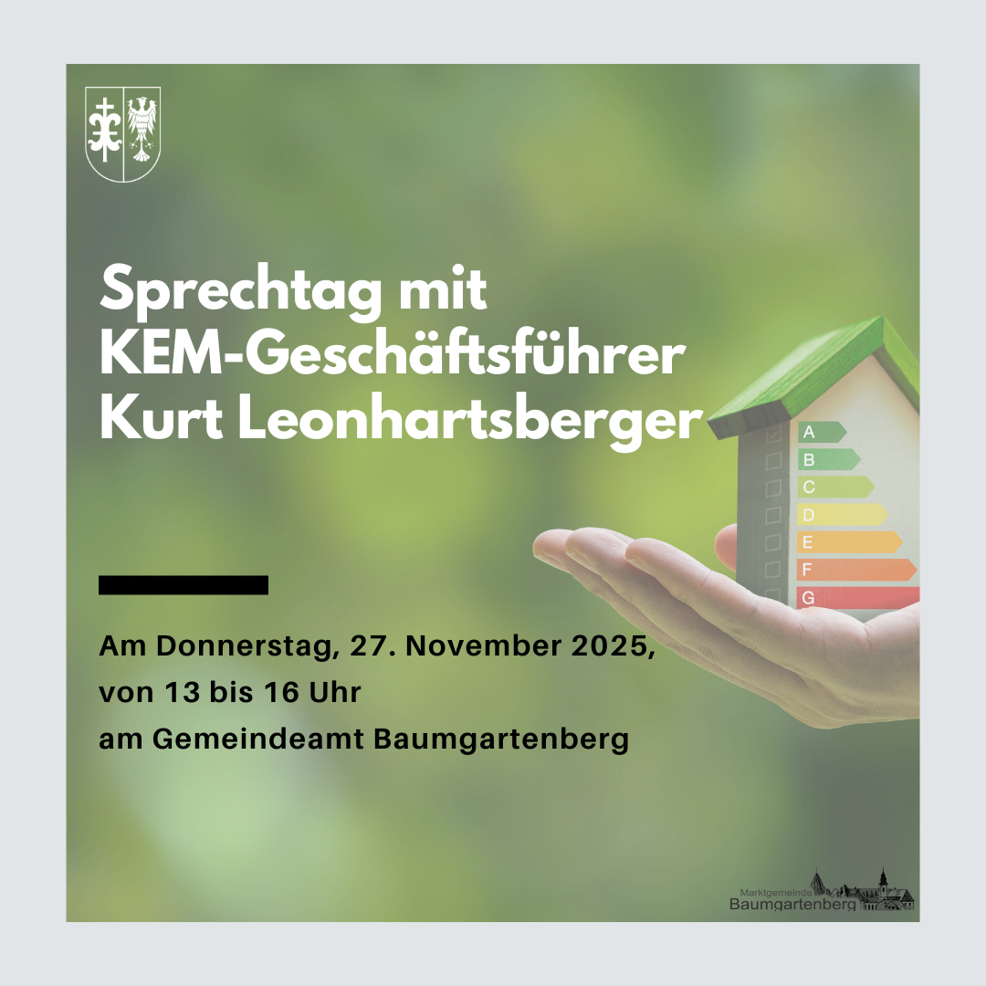 Plakat für einen Vortragstermin mit Kurt Leonhartsberger, dem Geschäftsführer von KEM, geplant für Donnerstag, 27. November 2025, von 13 bis 16 Uhr im Rathaus Baumgartnerberg.