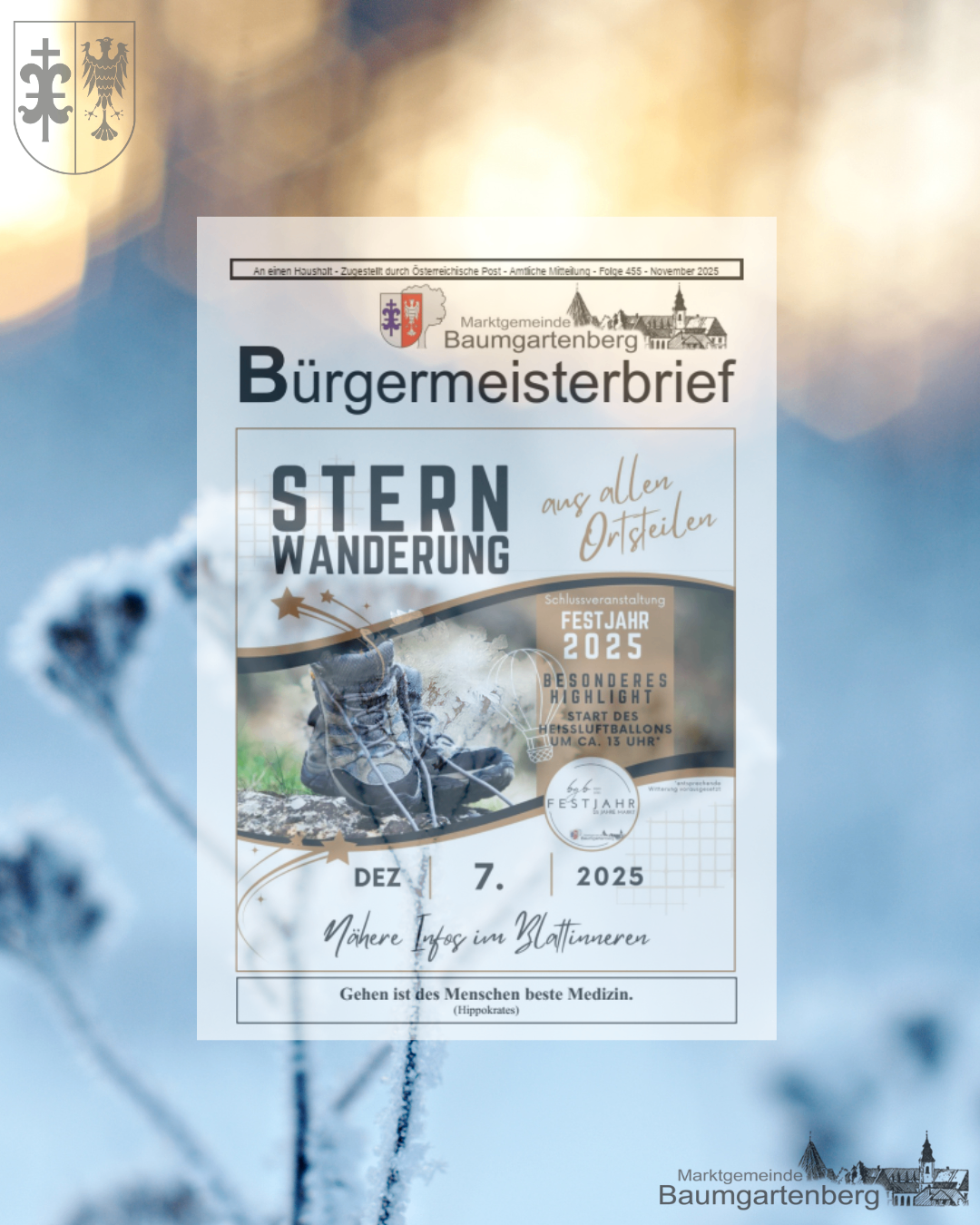 Ein Bürgermeisterbrief aus Baumgartenberg mit einer Ankündigung für eine 'Sternwanderung' am 7. Dezember 2025. Das Plakat zeigt ein Paar Wanderschuhe und einen Heißluftballon. Der Text lautet 'Schlussveranstaltung Festjahr 2025.' Das Bild hat einen blauen Himmel im Hintergrund.