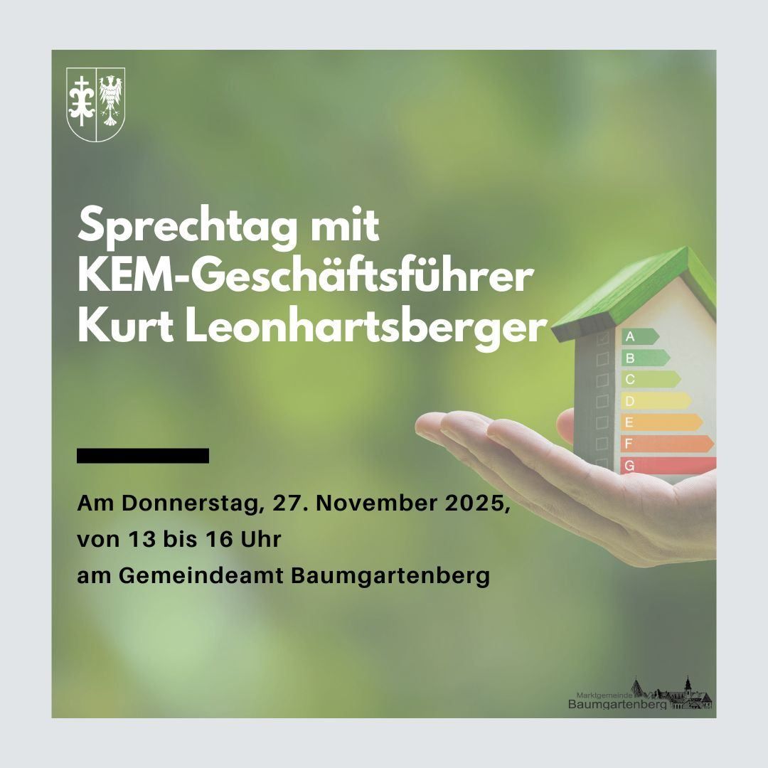 Plakat für einen Vortrag mit KEM-Geschäftsführer Kurt Leonhartsberger. Es ist für Donnerstag, 27. November 2025, von 13 bis 16 Uhr im Rathaus Baumgartenberg geplant.