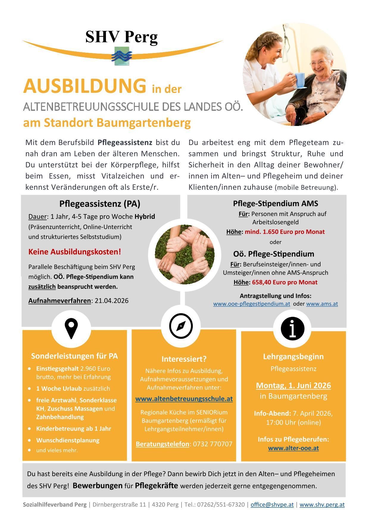 Ausbildung in der Altenbetreuungsschule des Landes öö am Standort Baumgarten. Mit dem Berufsbild Pflegeassistenz bist du nah dran am Leben der älteren Menschen. Du unterstützt bei der Körperpflege, hilfst beim Essen, misst Vitalzeichen und er- kennung Veränderungen oft als Erste/r.