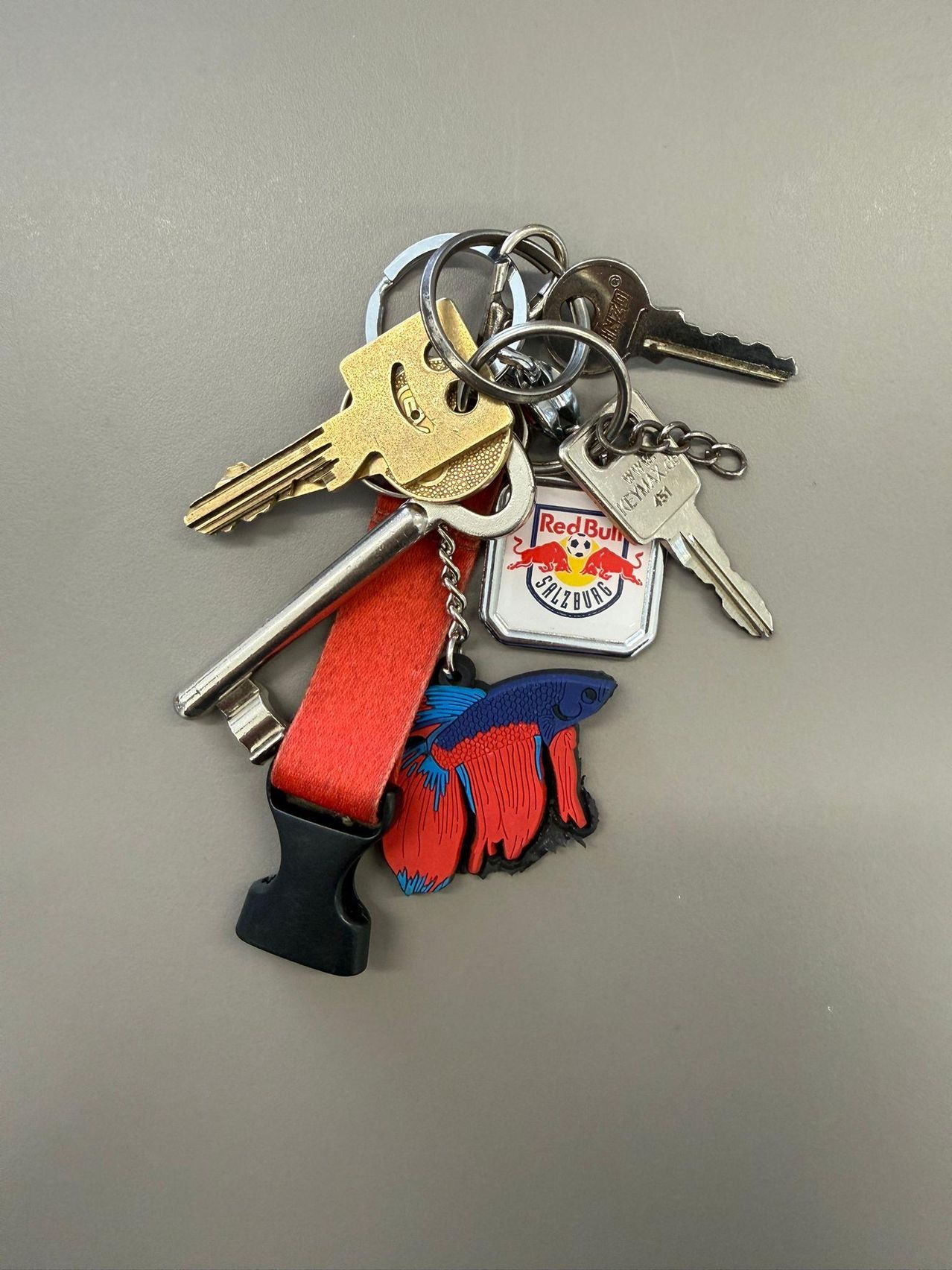 Ein Schlüsselbund mit verschiedenen Schlüsseln und Gegenständen, darunter ein Red Bull Salzburg Logo, ein Fisch und ein roter Gurt.
