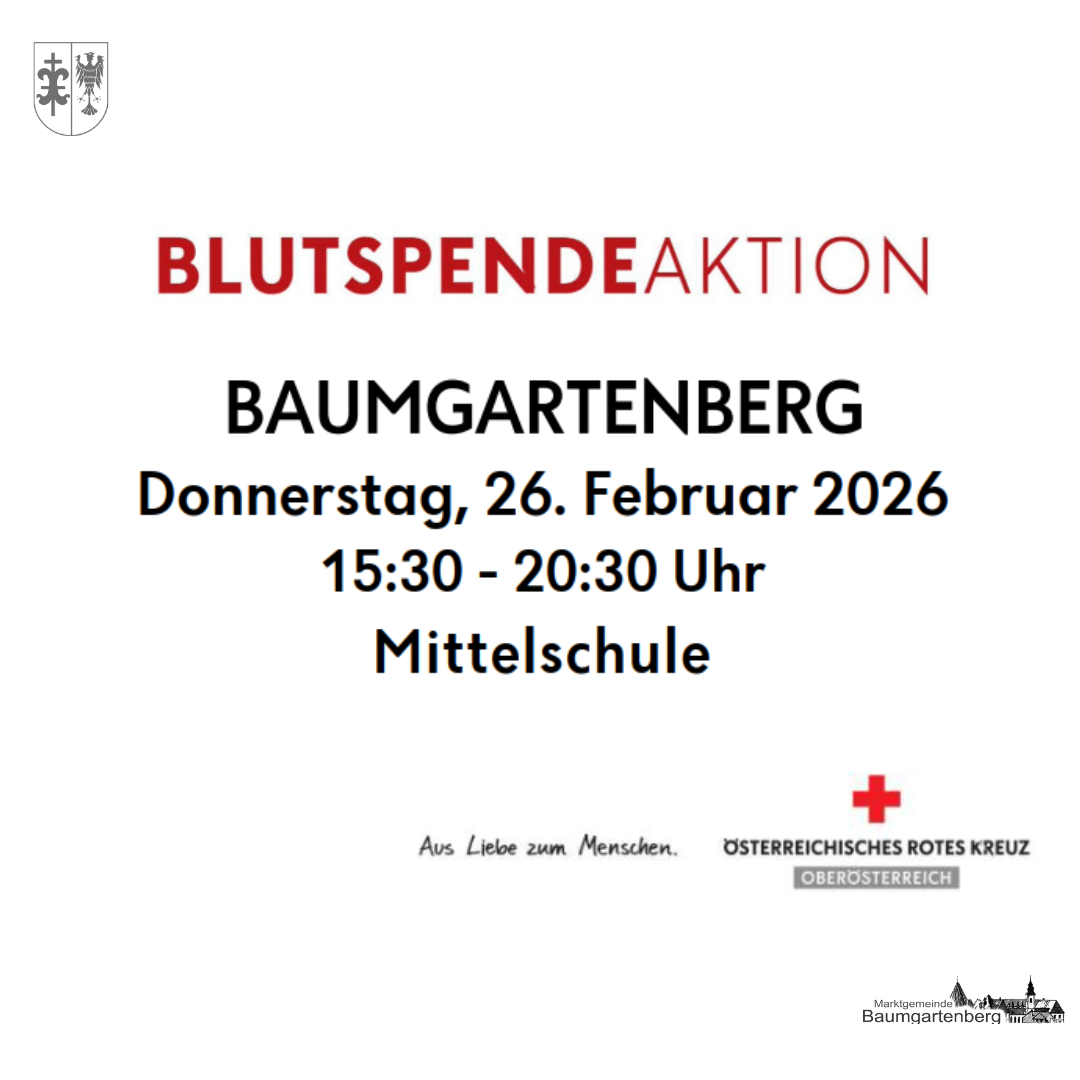 Blutspendeaktion in Baumgartenberg. Donnerstag, 26. Februar 2026, 15:30-20:30. Mittelschule. Österreichisches Rotes Kreuz.