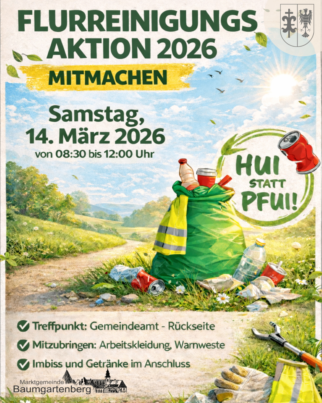 Plakat für eine Aktionsveranstaltung 2026 zur Müllentsorgung. Es zeigt einen grünen Sack voller Müll und einen Slogan, der 'HUI STATT PFU!' besagt. Das Plakat enthält auch Angaben zum Datum, zur Zeit, zum Treffpunkt und was mitzubringen ist.