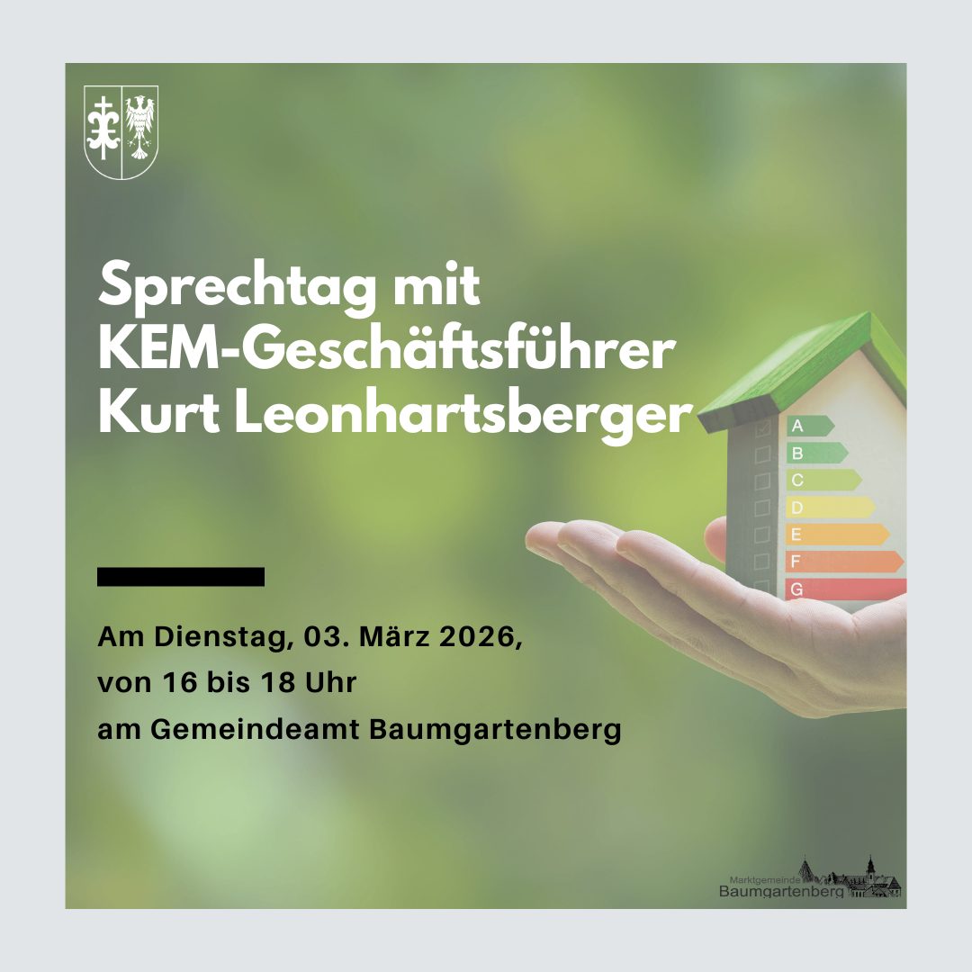 Eine Anzeige für einen Vortrag mit KEM-Geschäftsführer Kurt Leonhardsberger am Dienstag, 03. März 2026, von 16 bis 18 Uhr im Gemeindeamt Baumgartenberg.