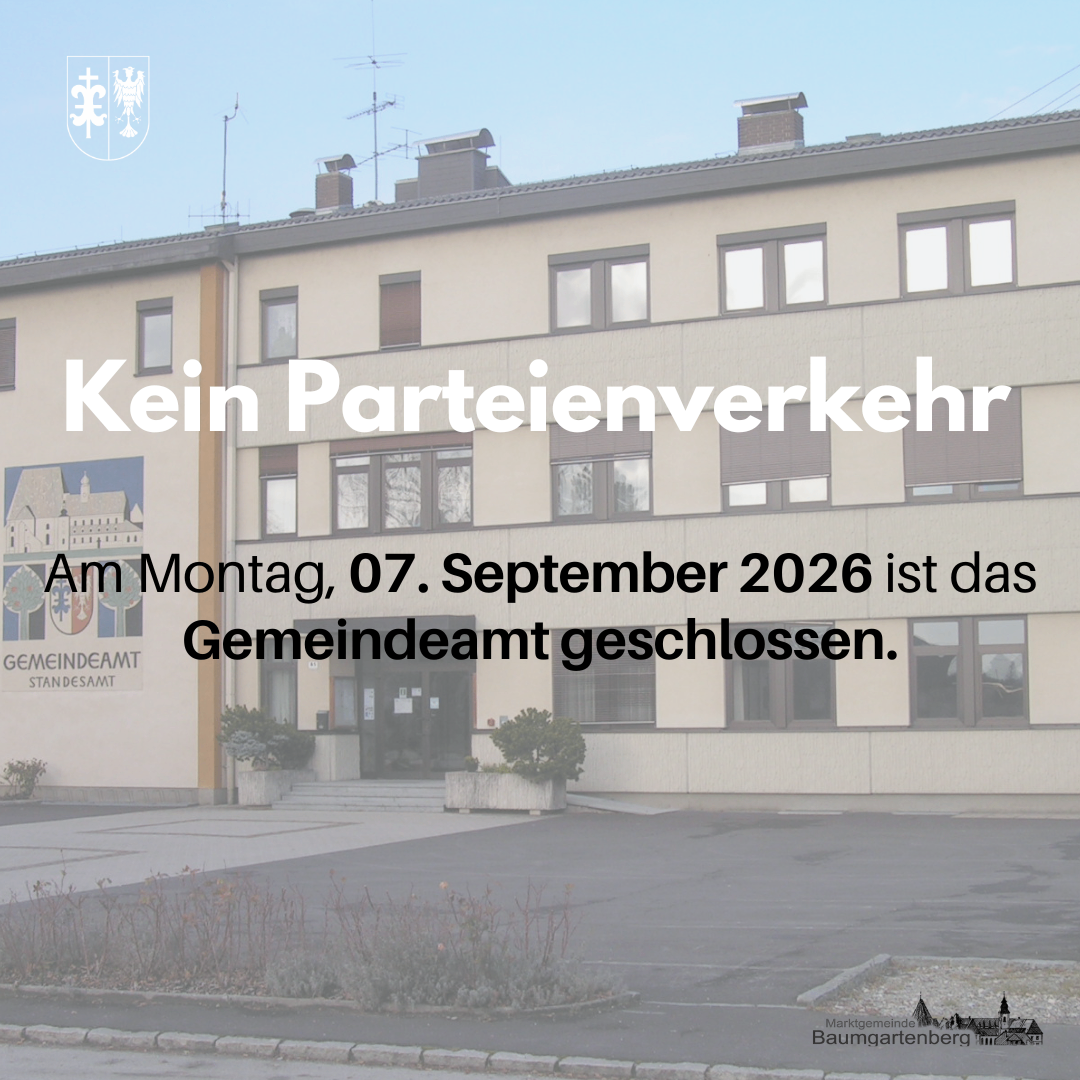 Ein Gebäude mit einem Schild, das 'Kein Parteienverkehr' anzeigt und ein geschlossenes Gemeindeamt am 07. September 2026.