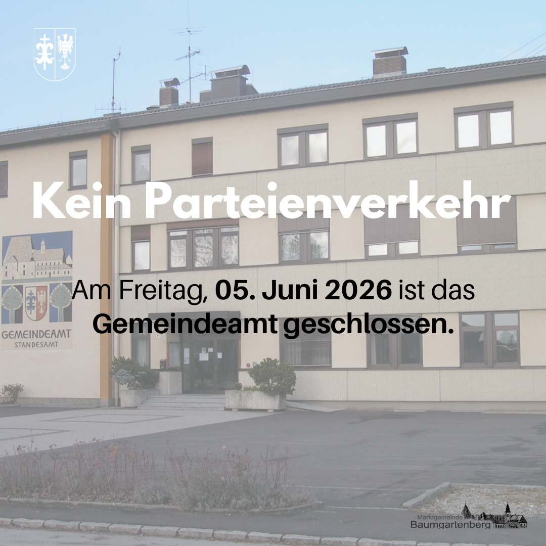 Das Gemeindeamt ist am Freitag, 05. Juni 2026 geschlossen. Das Gebäude hat ein Logo und Text auf Deutsch.