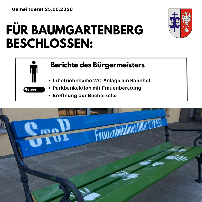 Poster mit Wappen und Text. Eine Bank mit 'Stop' in Weiß auf der Rückenlehne bemalt.